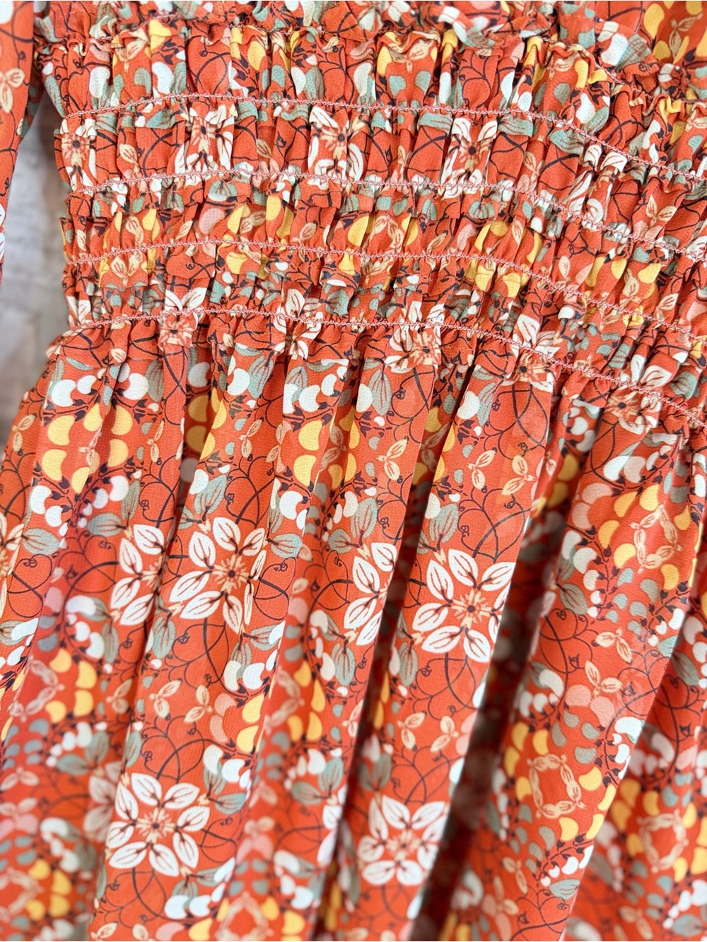 Max Studio Rust Floral Long-Sleeve Smocked Mini Dress - Picture 4 of 9